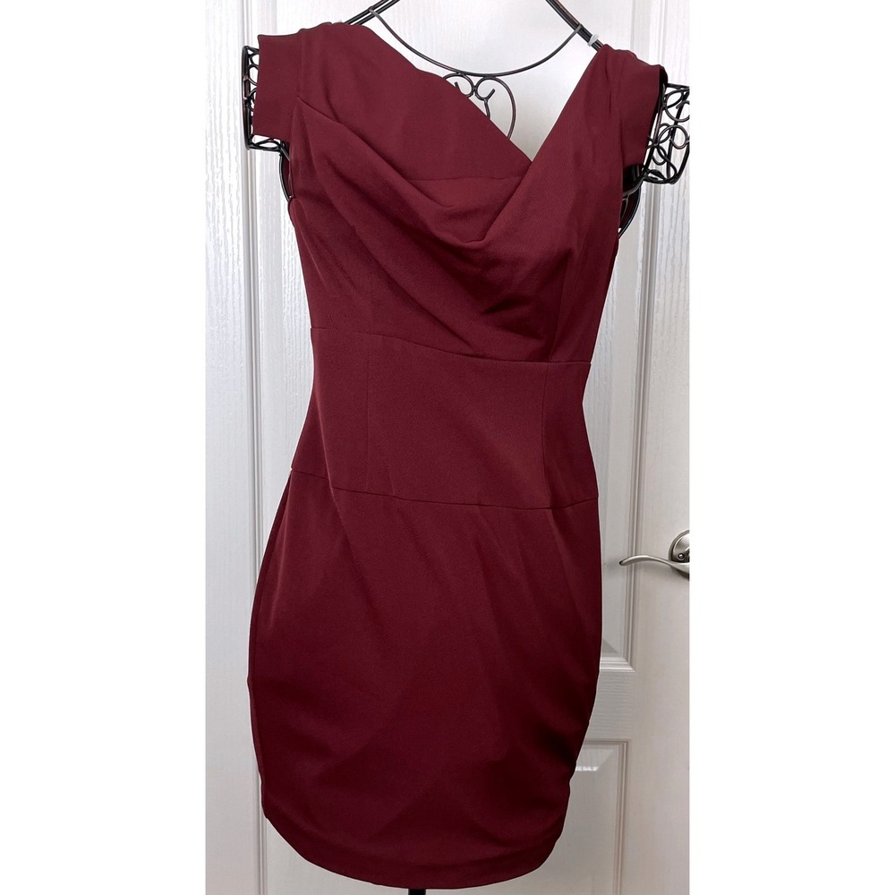 Black Halo Jackie O Asymmetrical Sheath Dress Burgundy Wine Cap Sleeve Sz 4 EUC